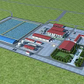 Modern Industrial Factory With Large Water Reservoirs Red Roof Buildings Green Lawns And Road Network