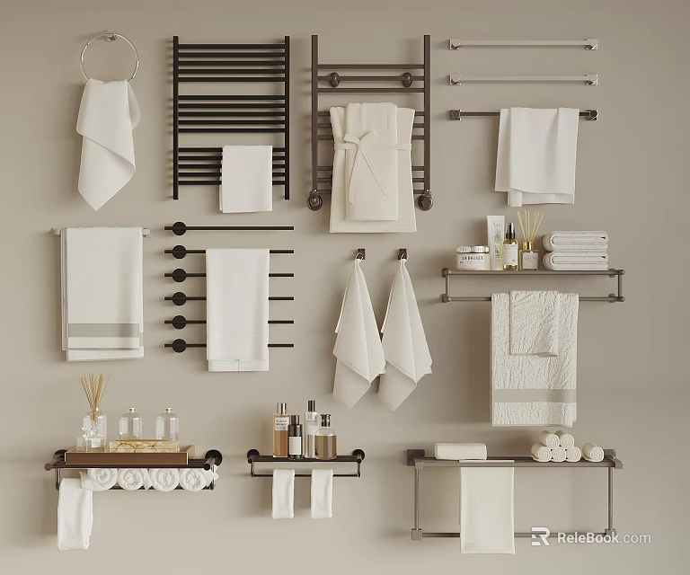 Modern Bathroom Shelves With Metal Towel Racks Hanging Towels And Toiletries 3d model 