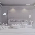 Modern Sofa and Round Coffee Table Set With White Upholstery Art Decor and Floor Lamp