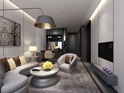 Elegant Modern Living Room Interior With Gray Sofa Round Coffee Table Yellow Flowers And TV 3d model