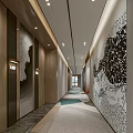 Elevator Hallway With Modern Lighting Artistic Wall Painting Stylish Doors And Elegant Floor Design
