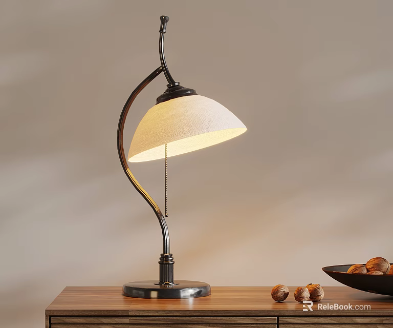 Vintage Table Lamp With Curved Metal Stand White Lampshade And Walnuts On Wooden Table 3d model 