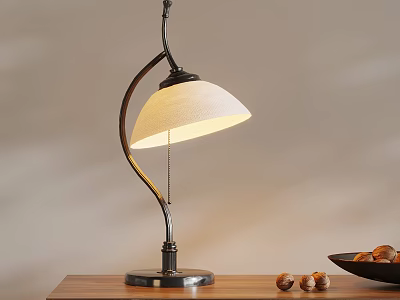 Vintage Table Lamp With Curved Metal Stand White Lampshade And Walnuts On Wooden Table 3d model