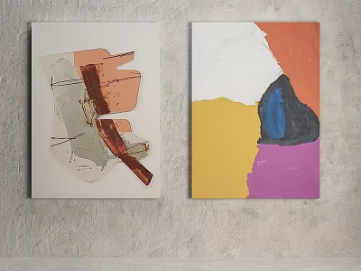 Two Abstract Paintings Hanging On Gray Wall With Colorful Abstract Designs 3d model