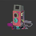 Pink Digital Camera With Vintage Style Design And Film Rolls Near Colorful