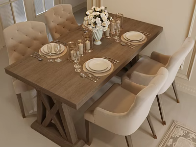 Elegant Wooden Dining Table and Upholstered Chairs Set With White Flower Vase and Tableware 3d model
