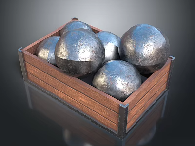 Multiple Shiny Silver Round Metal Balls in Wooden Storage Box 3d model