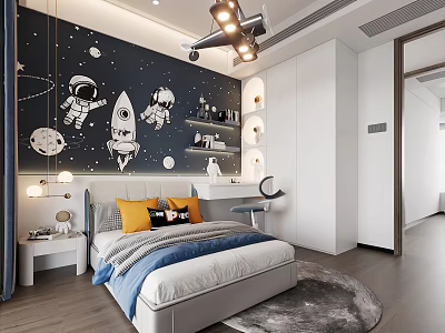 Kids Room Interior With Dark Blue Wall Astronaut Rocket Planet Decor Bed And Shelves 3d model