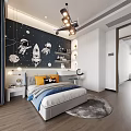 Kids Room Interior With Dark Blue Wall Astronaut Rocket Planet Decor Bed And Shelves