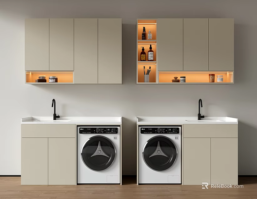 Light Colored Balcony Cabinets with Illuminated Shelves Sink And Washing Machines 3d model 