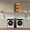 Light Colored Balcony Cabinets with Illuminated Shelves Sink And Washing Machines