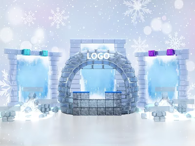 Winter Themed Ice Brick Arch Scene With LOGO Colorful Blocks Snowflakes And Light Spots 3d model
