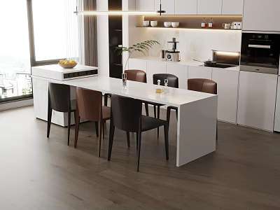 Modern Dining Living Room Interior With White Table Mixed Color Chairs Pendant Lights And Cabinets 3d model
