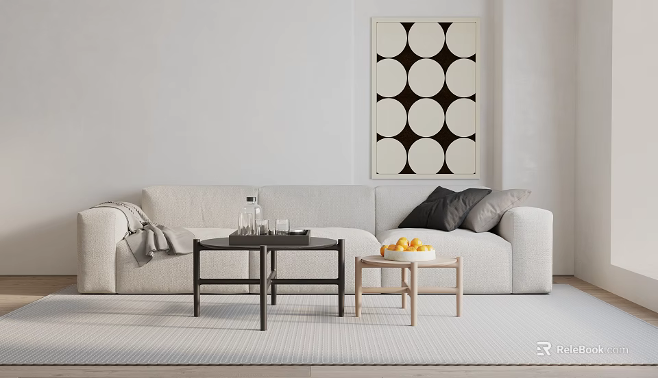 Light Gray Three Seater Sofa with Gray Blanket Pillows Black Coffee Table White Wall Artwork 3d model 