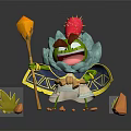 Playful Green Cartoon Character With Red Cactus Crown Torch Shield And Wings