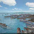 Charming Coastal Fishing Harbor With Countless Moored Boats Under Bright Blue Sky Over Calm Sea