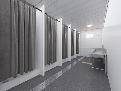 SPA Sauna Changing Room With Cubicles Gray Curtains White Walls Gray Carpet And Metal Sink 3d model