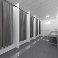 SPA Sauna Changing Room With Cubicles Gray Curtains White Walls Gray Carpet And Metal Sink