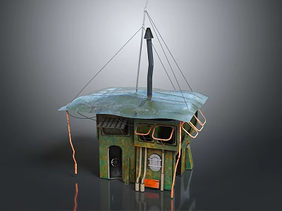 Handmade Small Building Model With Green Metal Roof Ropes Pole And Vintage Style Details 3d model