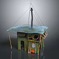 Handmade Small Building Model With Green Metal Roof Ropes Pole And Vintage Style Details