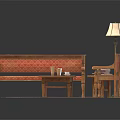 Elegant Loungers With Wooden Frame Red Cushions Coffee Table Lamp And Rug In Living Room