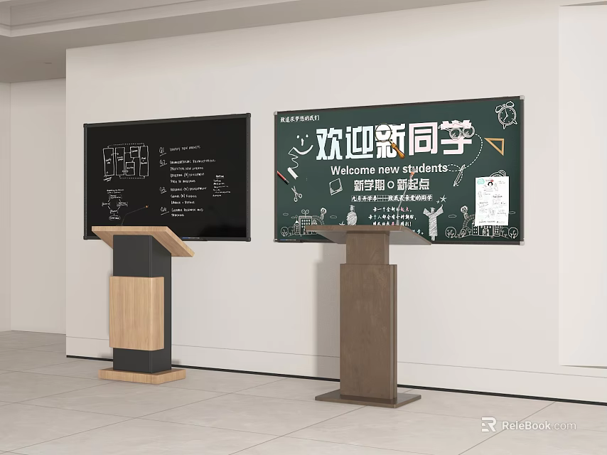 Classroom Podium Design Featuring Blackboard Welcome New Students Message And Display Screen 3d model 