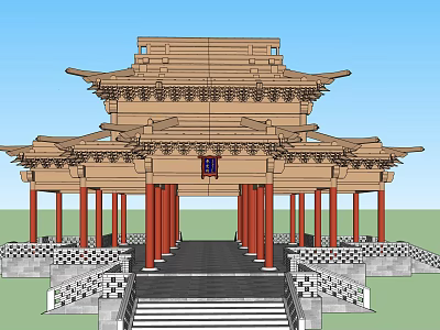 Traditional Chinese Architectural Structure with Multi Layered Roof Red Columns Carved Details and Steps 3d model