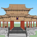 Traditional Chinese Architectural Structure with Multi Layered Roof Red Columns Carved Details and Steps