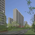 Modern High Rise Residential Buildings With Green Landscaping Lawn And Trees
