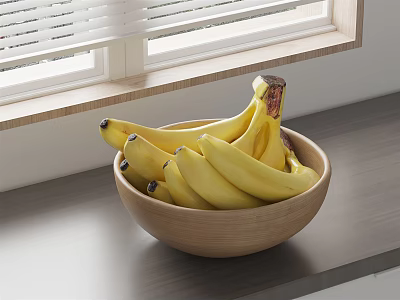 Ceramic Fruit Bowl Filled With Fresh Bananas On Window Sill With White Blinds 3d model