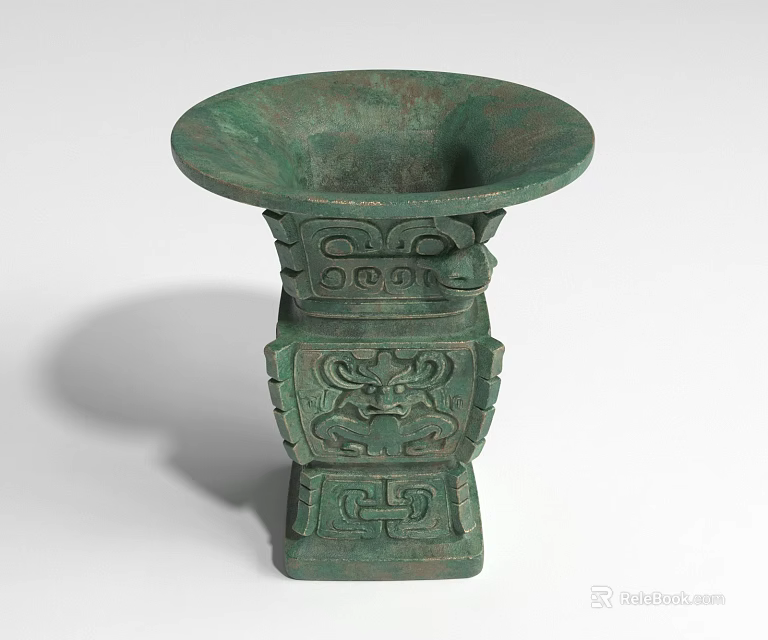 Ancient Green Bronze Sculpture With Intricate Animal Face Carvings And Square Base 3d model 