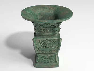 Ancient Green Bronze Sculpture With Intricate Animal Face Carvings And Square Base 3d model
