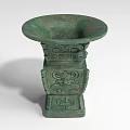 Ancient Green Bronze Sculpture With Intricate Animal Face Carvings And Square Base