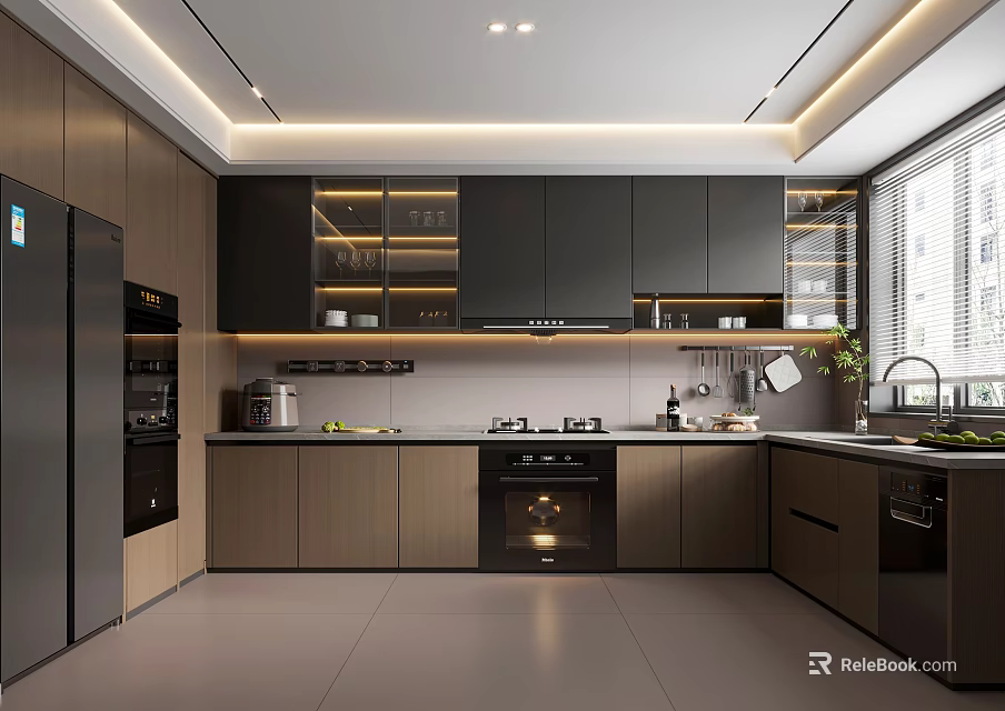 Modern Kitchen Interior With Dark And Light Cabinets Stainless Steel Appliances And Recessed Lighting 3d model 