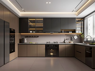 Modern Kitchen Interior With Dark And Light Cabinets Stainless Steel Appliances And Recessed Lighting 3d model