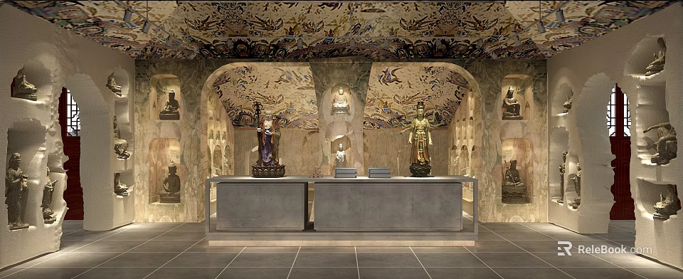 Cultural Center Interior With Ornate Mural Ceiling Arched Structures Statues And Counters 3d model 