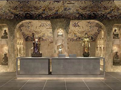 Cultural Center Interior With Ornate Mural Ceiling Arched Structures Statues And Counters 3d model