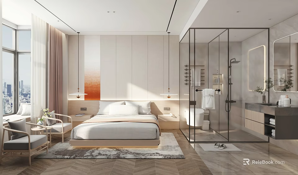 Modern Hotel Guest Room Interior With Bed Glass Partition Bathroom And Natural Light 3d model 