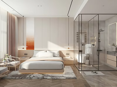 Modern Hotel Guest Room Interior With Bed Glass Partition Bathroom And Natural Light 3d model