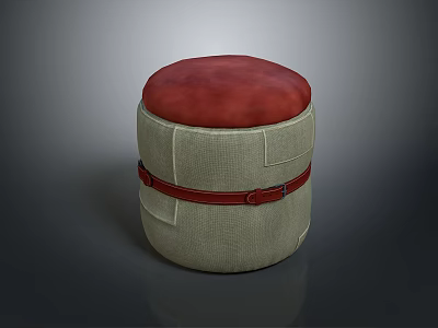 Modern Upholstered Stool With Red Cushion Beige Fabric And Decorative Red Belt 3d model