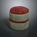 Modern Upholstered Stool With Red Cushion Beige Fabric And Decorative Red Belt