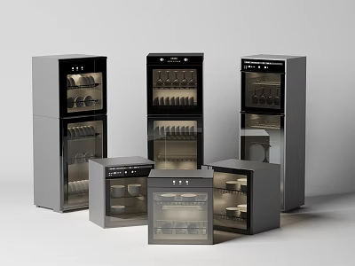 Silver Kitchen Appliances Sterilizers Different Sizes And Styles With Glass Doors And Dishes Inside 3d model
