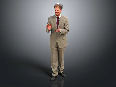 Man In Beige Suit Giving Speech With Open Hands Gesture And Smiling Face 3d model