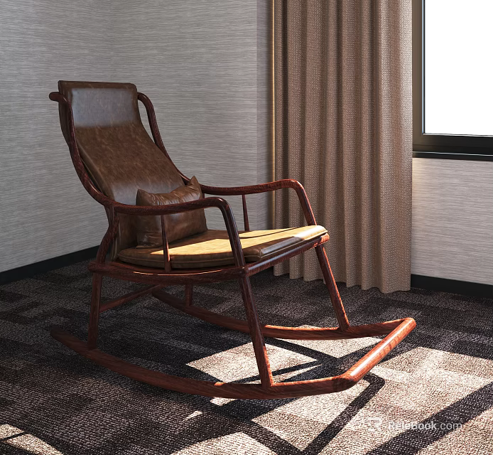 Brown Wooden Rocking Leisure Chair with Leather Seat and Checkered Carpet in Cozy Indoor Setting 3d model 