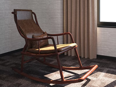 Brown Wooden Rocking Leisure Chair with Leather Seat and Checkered Carpet in Cozy Indoor Setting 3d model