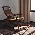 Brown Wooden Rocking Leisure Chair with Leather Seat and Checkered Carpet in Cozy Indoor Setting