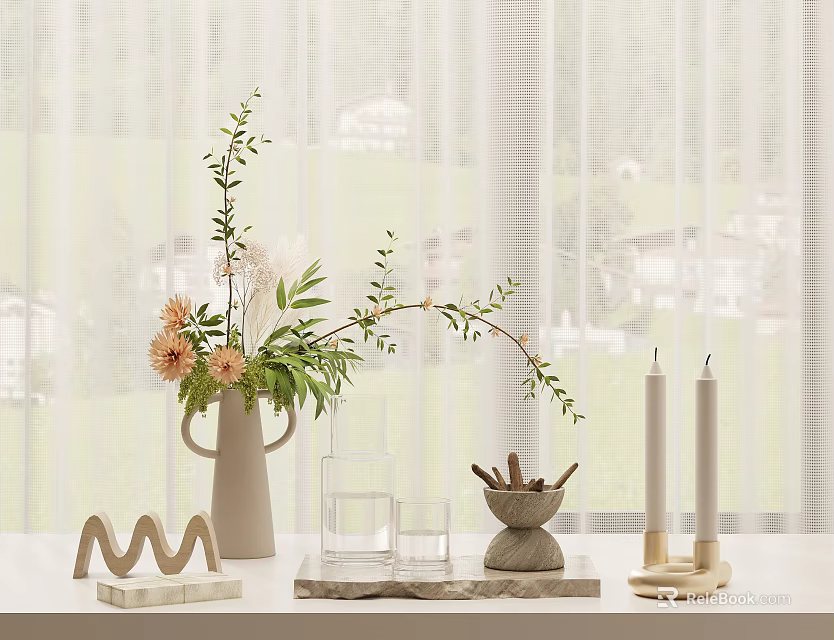Stylish Decorative Ornament Set With Vase Flower Arrangement Candles M Shaped Decor And Marble Base 3d model 