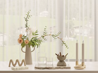 Stylish Decorative Ornament Set With Vase Flower Arrangement Candles M Shaped Decor And Marble Base 3d model
