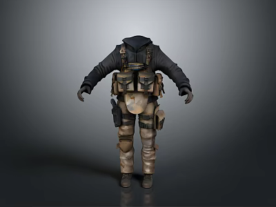 Man Wearing Tactical Vest With Pouches Dark Hoodie And Camouflage Pants 3d model