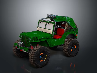 Green Off Road Jeep With Large Tires Roof Lights Red Seats And Camouflage Design 3d model